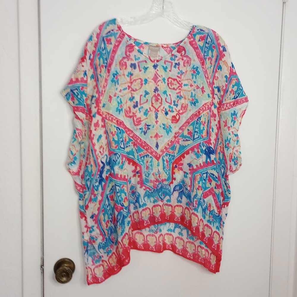 Chico's Multi-Color Elephant Block Print Linen Poncho Top